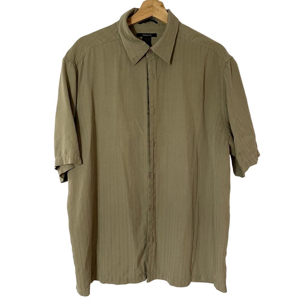 Claiborne 100% silk men's tan green button down short sleeved shirt size XL